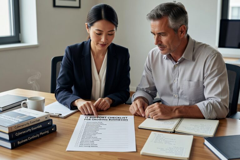 IT Support Checklist for Growing Businesses Featured Image A practical IT support checklist for growing businesses covering help desk, cybersecurity, backup, network reliability, and technology planning.
