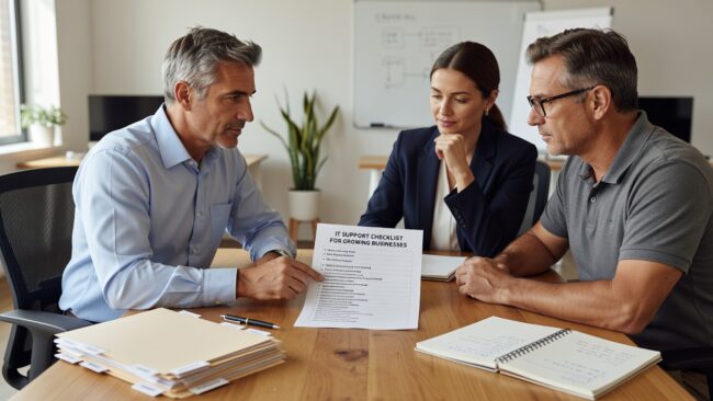 IT Support Checklist for Growing Businesses Featured Image A practical IT support checklist for growing businesses covering help desk, network reliability, cybersecurity basics, and backup and recovery gaps.