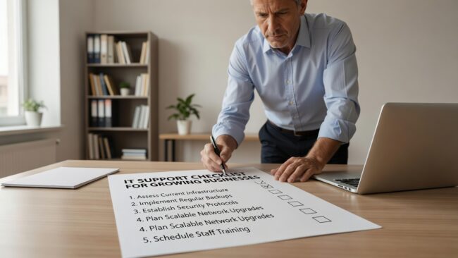 IT Support Checklist for Growing Businesses Featured Image Use this IT support checklist to find gaps in help desk coverage, security, backups, and vendor accountability before they cause real problems.