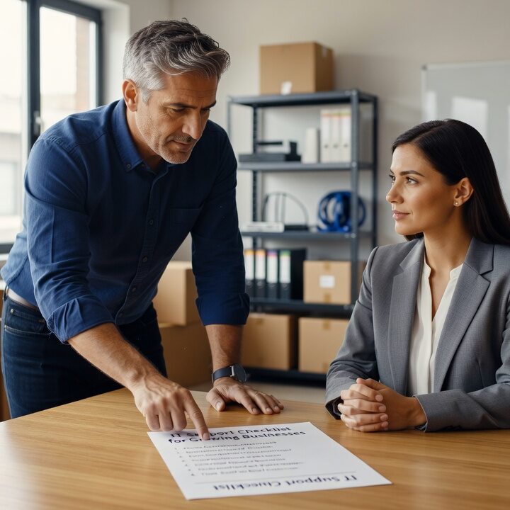 A practical IT support checklist for growing businesses covering help desk, cybersecurity, backups, network reliability, and IT planning.