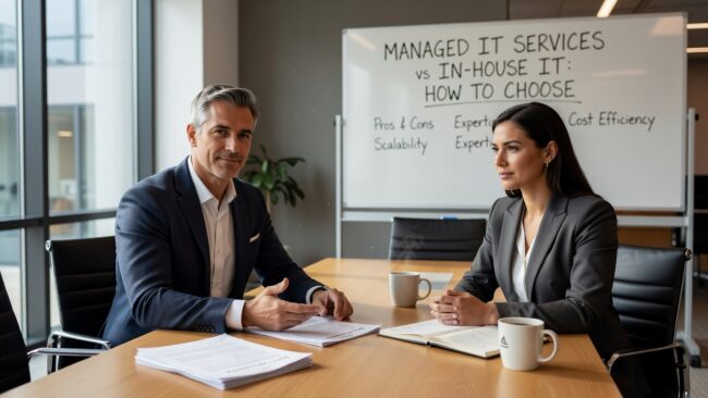 Managed IT Services vs In-House IT: How to Choose Featured Image Weighing managed IT services vs in-house IT? Here's a practical breakdown of coverage gaps, real costs, and how to decide what fits your business.
