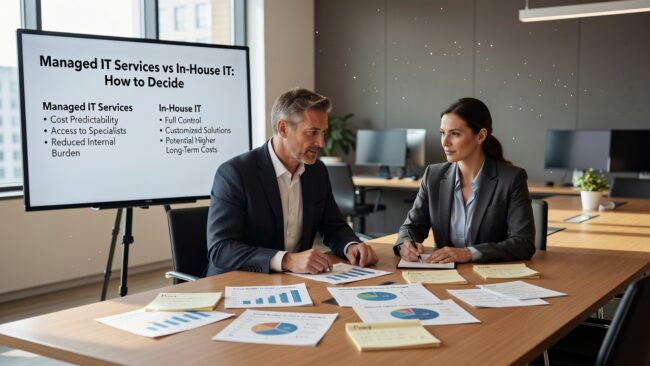 Managed IT Services vs In-House IT: How to Decide Featured Image Weighing managed IT services vs in-house IT? This practical guide helps 25–200 employee companies compare costs, coverage, and the right fit for their business.