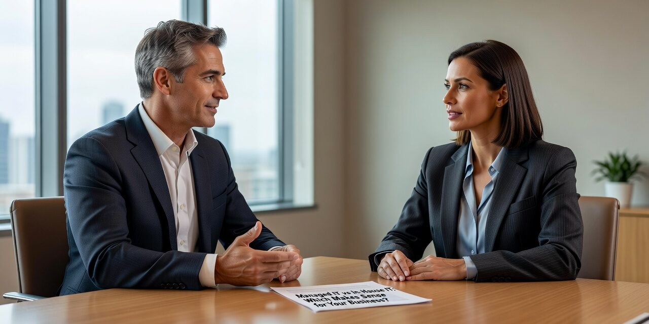 Managed IT vs In-House IT: Which Makes Sense for Your Business? Featured Image Comparing managed IT services vs in-house IT? See how coverage, cost, and risk stack up for companies with 25–100 employees before you decide.