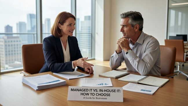 Managed IT vs. In-House IT: How to Choose Featured Image Weighing managed IT services vs. in-house IT? This guide covers what each model covers, where they fall short, and how to decide what fits your business.