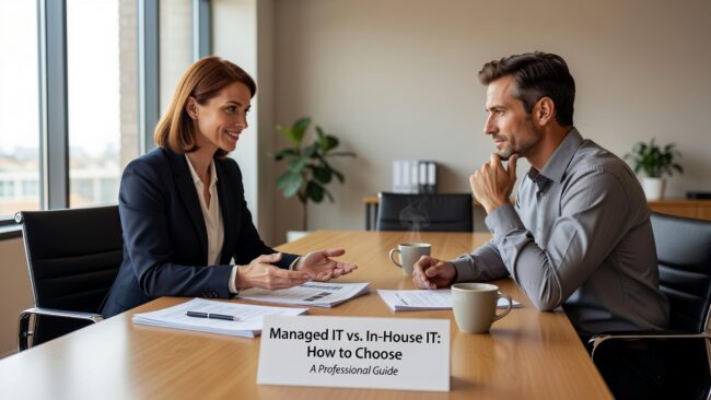 Managed IT vs. In-House IT: How to Choose Featured Image Comparing managed IT services vs in-house IT? This guide helps business owners weigh real costs, coverage gaps, and which model fits how their team works.