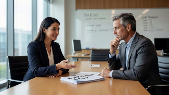 Managed IT vs. In-House IT: How to Choose Featured Image Weighing managed IT vs. in-house IT? This guide helps business owners and managers choose the right model based on coverage, cost, and growth.