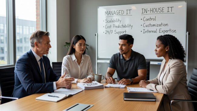 Managed IT vs. In-House IT for Growing Companies Featured Image Comparing managed IT services vs. in-house IT? Here's how to weigh the real costs, coverage gaps, and trade-offs before your business makes a decision.
