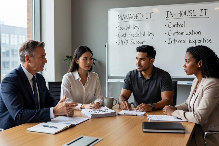 Managed IT vs. In-House IT for Growing Companies Featured Image Comparing managed IT services vs. in-house IT? Here's how to weigh the real costs, coverage gaps, and trade-offs before your business makes a decision.