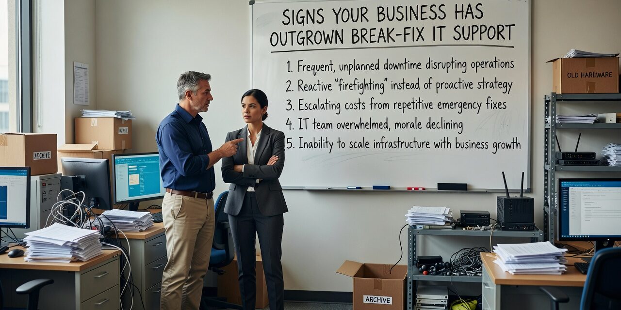 Signs Your Business Has Outgrown Break-Fix IT Support Featured Image Recurring IT problems, unexpected downtime, and no system monitoring are clear signs your business has outgrown break-fix IT support. Here's what to look for.