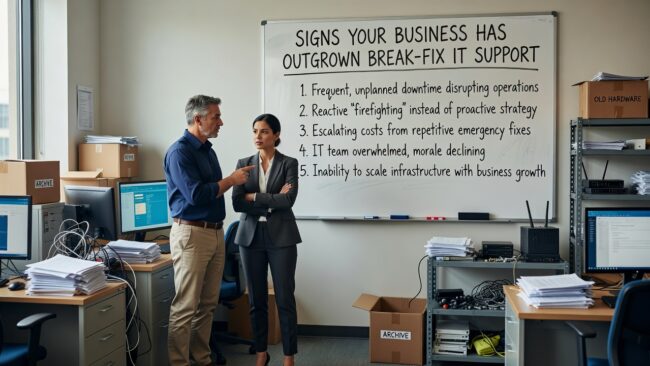 Signs Your Business Has Outgrown Break-Fix IT Support Featured Image Recurring IT problems, unexpected downtime, and no system monitoring are clear signs your business has outgrown break-fix IT support. Here's what to look for.