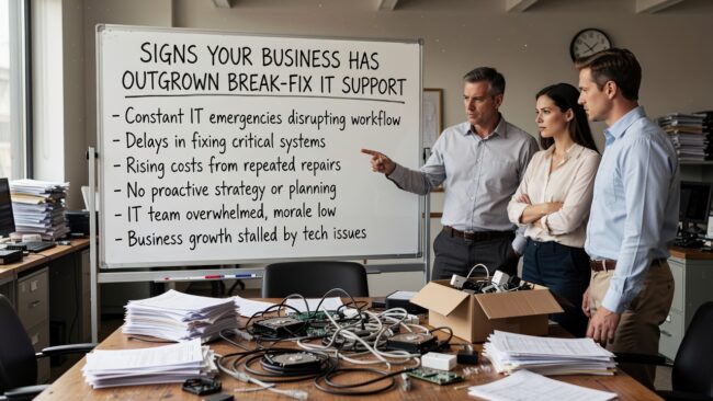 Signs Your Business Has Outgrown Break-Fix IT Support Featured Image Recognizing the signs your business has outgrown break-fix IT support can help you avoid recurring downtime, unpredictable costs, and growing security gaps.