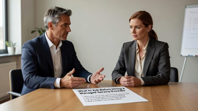 What to Ask Before Hiring a Managed Service Provider Featured Image Know what to ask before hiring a managed service provider. A practical guide for business owners evaluating IT support contracts, SLAs, and security coverage.