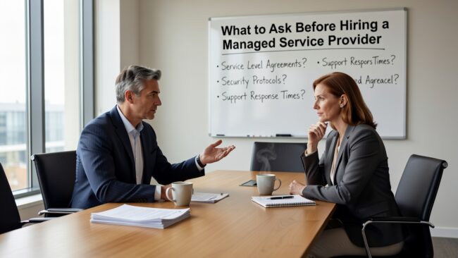 What to Ask Before Hiring a Managed Service Provider Featured Image Know what to ask before hiring a managed service provider. Practical questions on SLAs, pricing, cybersecurity, and onboarding for business leaders.