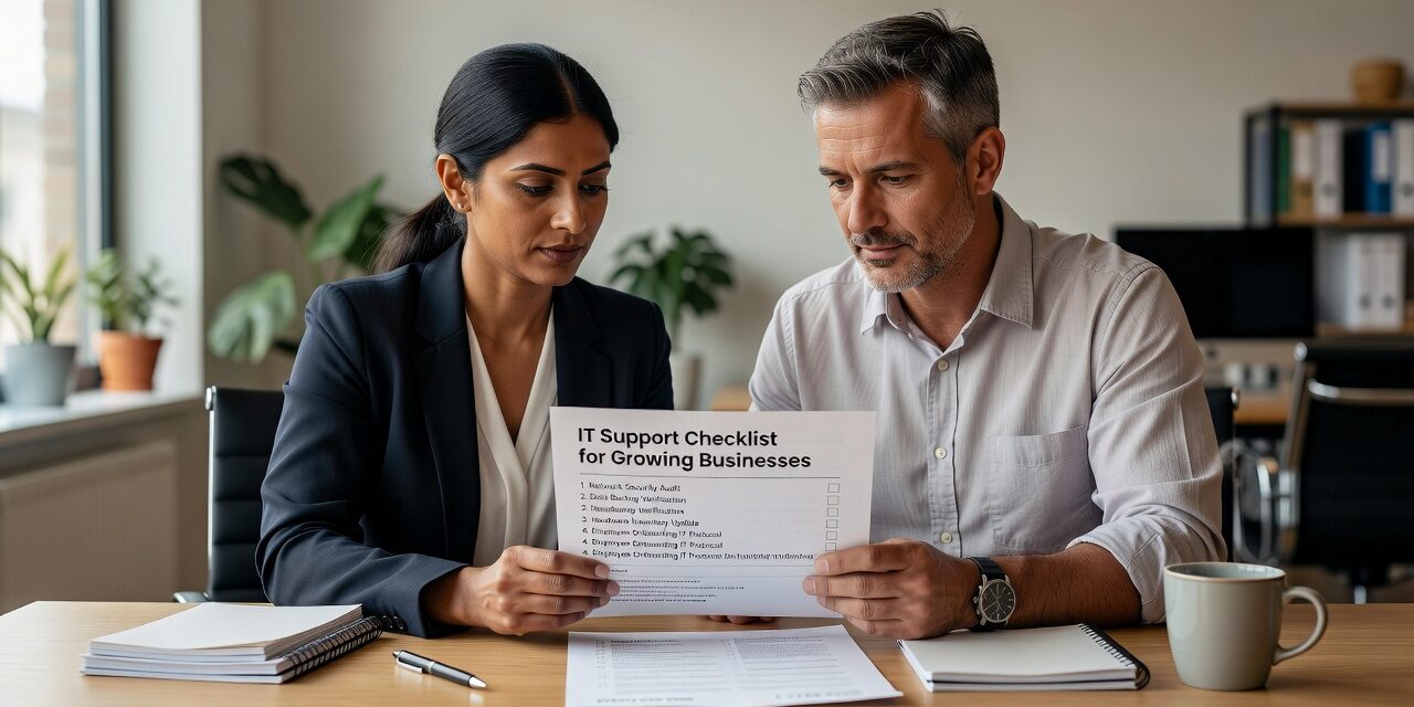 A practical IT support checklist for growing businesses covering help desk quality, onboarding, vendor access, and network reliability.