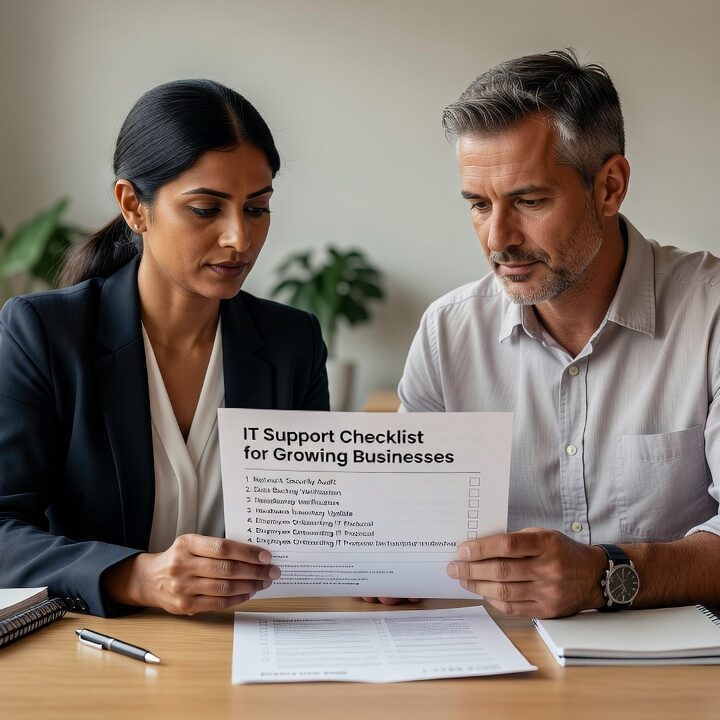 A practical IT support checklist for growing businesses covering help desk quality, onboarding, vendor access, and network reliability.