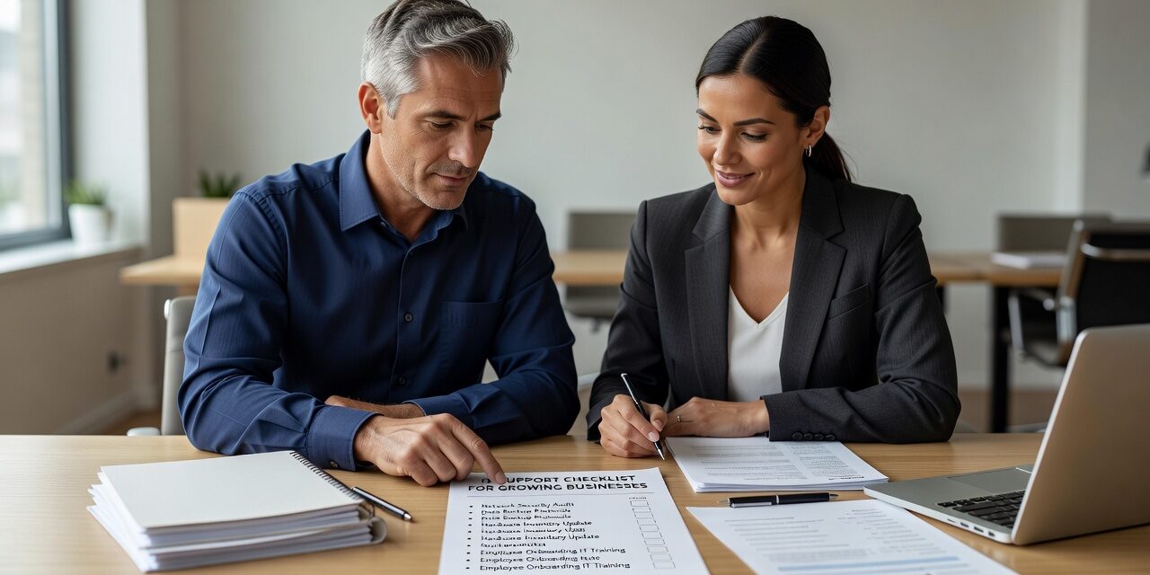 IT Support Checklist for Growing Businesses Featured Image A practical IT support checklist for growing businesses covering help desk, cybersecurity, network reliability, cloud tools, and backup processes.