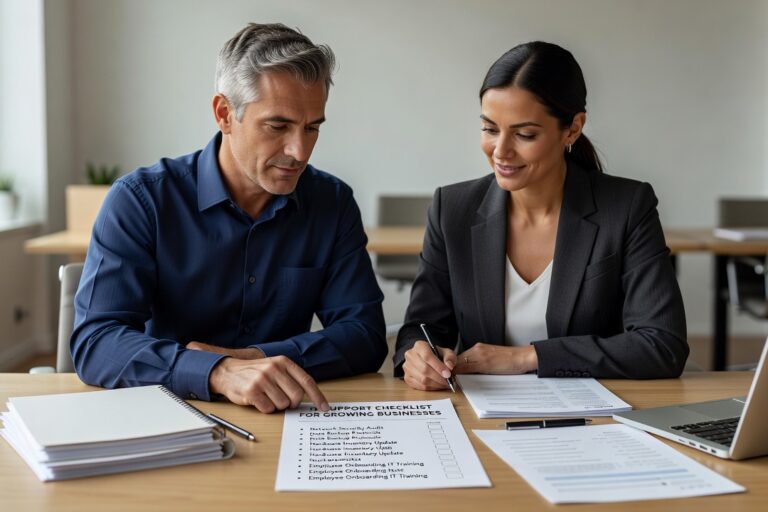 IT Support Checklist for Growing Businesses Featured Image A practical IT support checklist for growing businesses covering help desk, cybersecurity, network reliability, cloud tools, and backup processes.