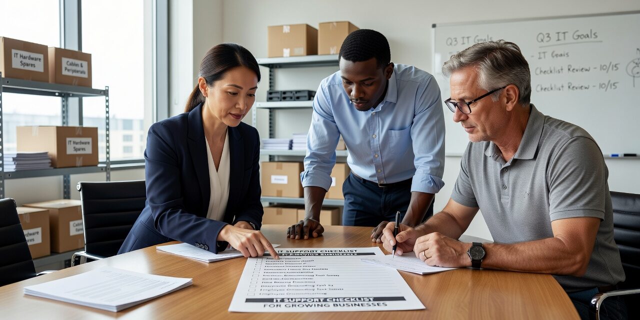 A practical IT support checklist for growing businesses — covering documentation, backups, help desk standards, cybersecurity basics, and network reliability.