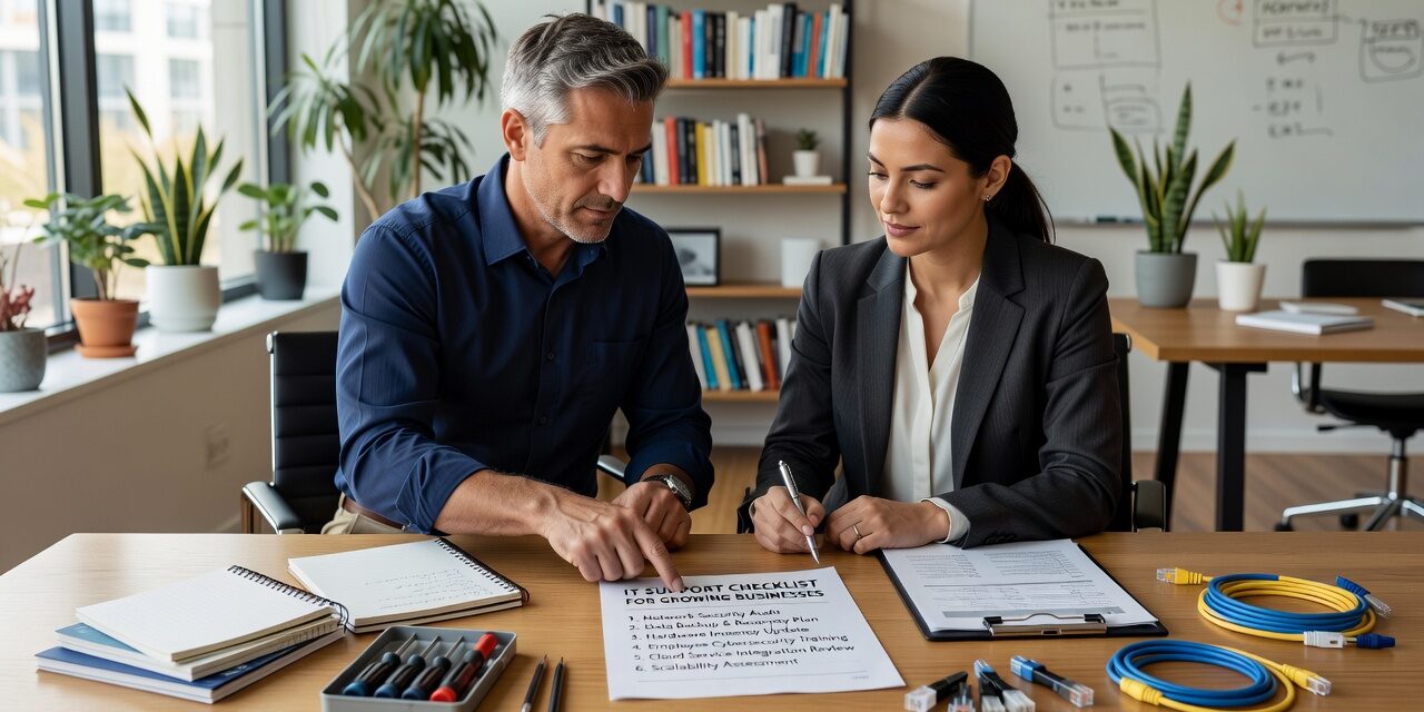 IT Support Checklist for Growing Businesses Featured Image A practical IT support checklist for growing businesses covering help desk, backups, vendor management, cybersecurity, and technology planning.