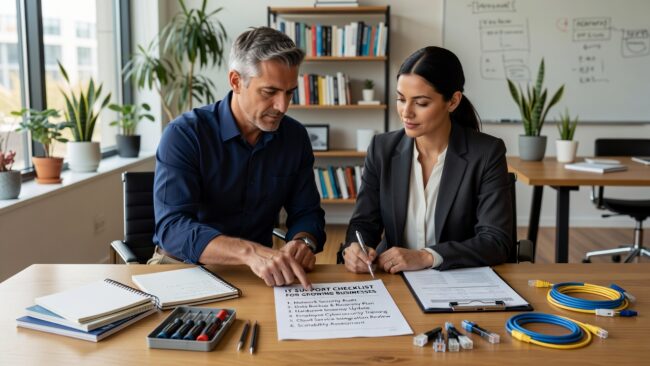 A practical IT support checklist for growing businesses covering help desk, backups, vendor management, cybersecurity, and technology planning.