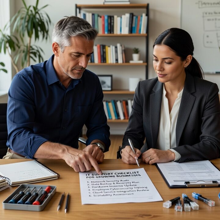 A practical IT support checklist for growing businesses covering help desk, backups, vendor management, cybersecurity, and technology planning.