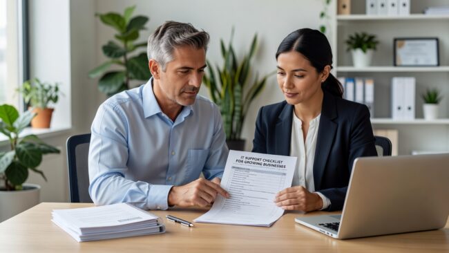 A practical IT support checklist for growing businesses — covering help desk, backups, security, vendors, and network reliability.