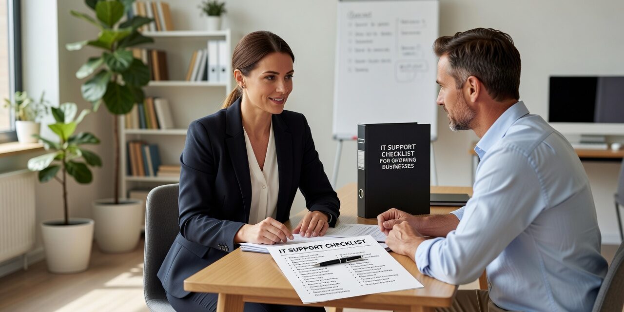 IT Support Checklist for Growing Businesses Featured Image A practical IT support checklist for growing businesses covering help desk, cybersecurity, backups, network reliability, and vendor accountability.
