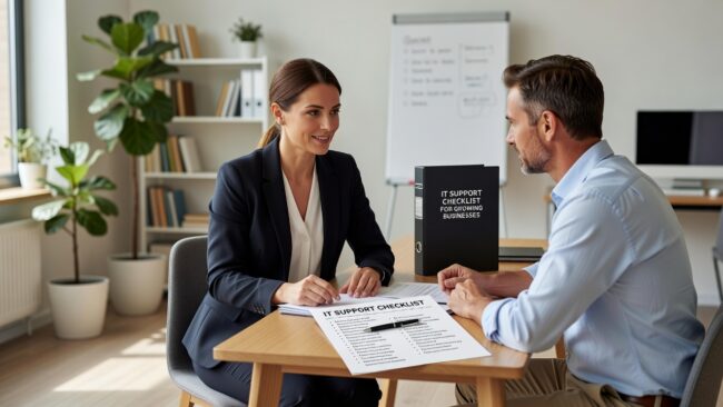 A practical IT support checklist for growing businesses covering help desk, cybersecurity, backups, network reliability, and vendor accountability.