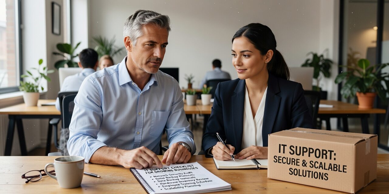 IT Support Checklist for Growing Businesses Featured Image A practical IT support checklist for growing businesses covering help desk, cybersecurity, network reliability, backups, and IT planning.