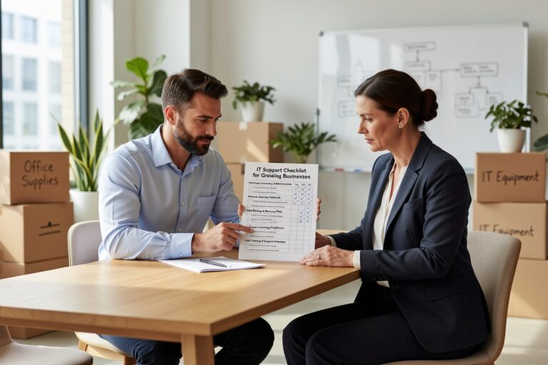A practical IT support checklist for growing businesses covering help desk, security, backups, network reliability, and employee onboarding processes.