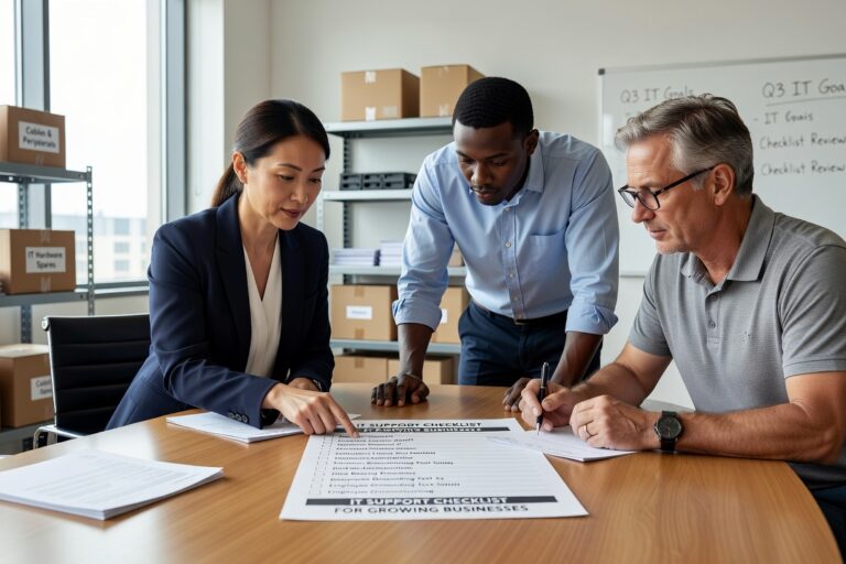 IT Support Checklist for Growing Businesses Featured Image A practical IT support checklist for growing businesses — covering documentation, backups, help desk standards, cybersecurity basics, and network reliability.