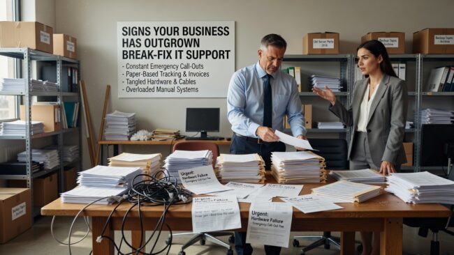 Signs Your Business Has Outgrown Break Fix IT Support Featured Image Recurring outages, slow help desk, and untested backups are clues. Learn the signs your business has outgrown break fix IT support and what to do next.